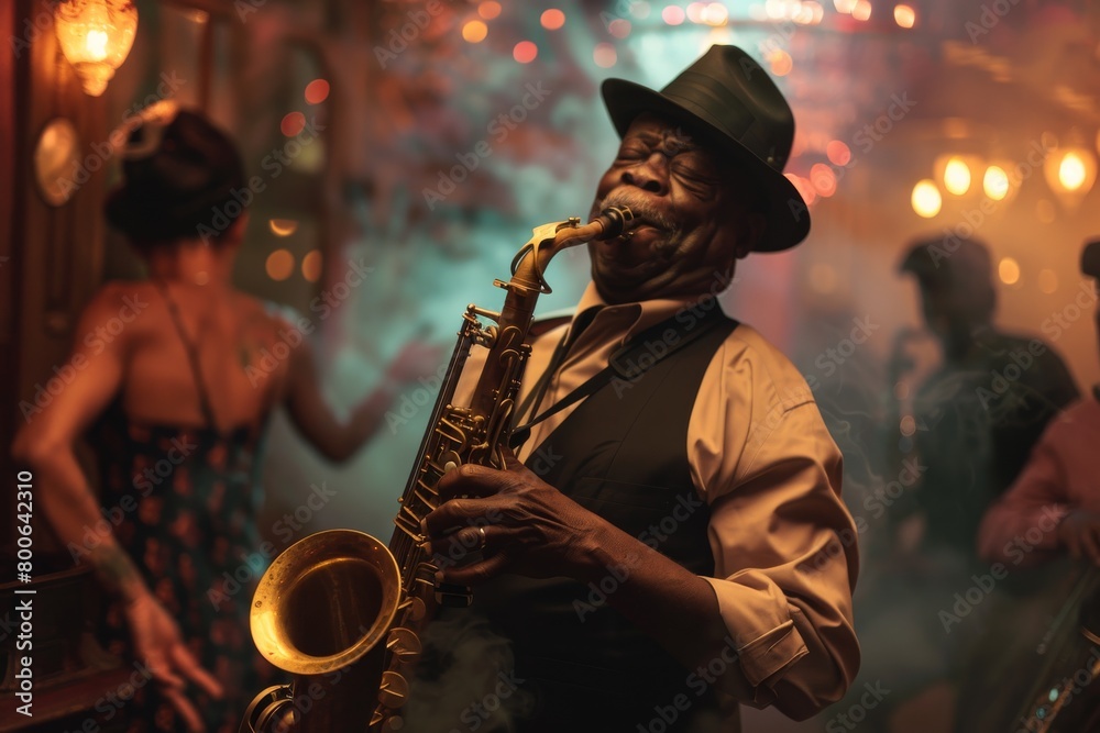 Poster a skilled musician plays saxophone in a vibrant jazz club filled with bokeh light effects and a hint