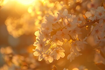 Warm sunlight filters through delicate cherry blossoms, creating a dreamy and serene springtime scene