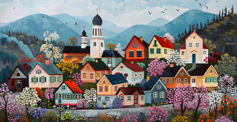 A painting of a small town with houses and a church