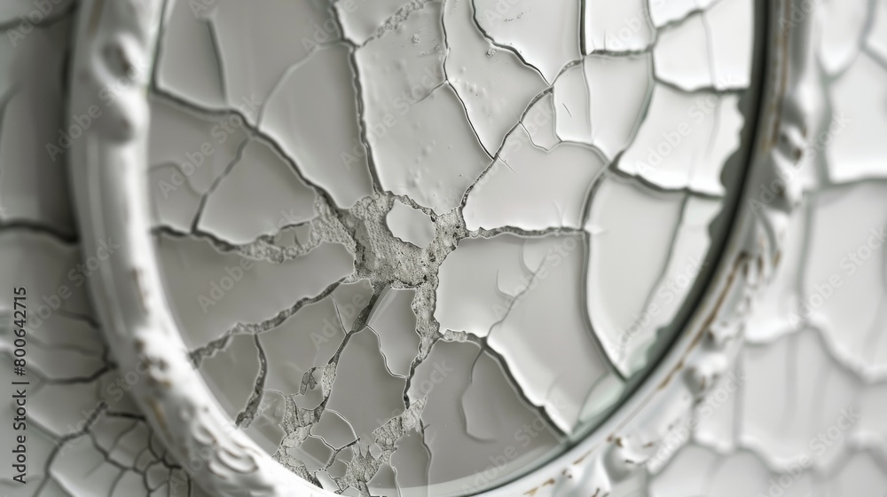 Poster Macro shot showcasing the complex patterns of a white cracked surface reflected in the curve of a mirror