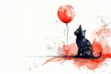 A painting of a black cat holding a red balloon. Perfect for animal lovers or children's decor