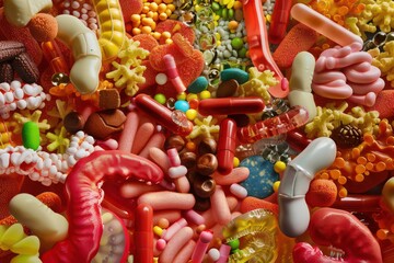 wallpaper representing in some way the human metabolic system and everything related, very illustrated and colorful