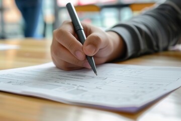 A person is captured in the act of filling out a form with a focus on their hand holding a pen