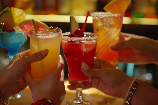 A joyous moment as hands hold up clinking glasses filled with colorful cocktails adorned with fruit and decorations
