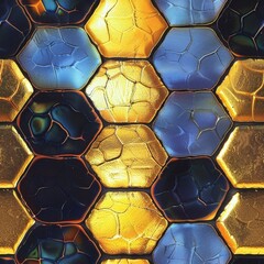 Close-up of a shimmering honeycomb pattern with a rich contrast of blue and gold, evoking a sense of luxury.