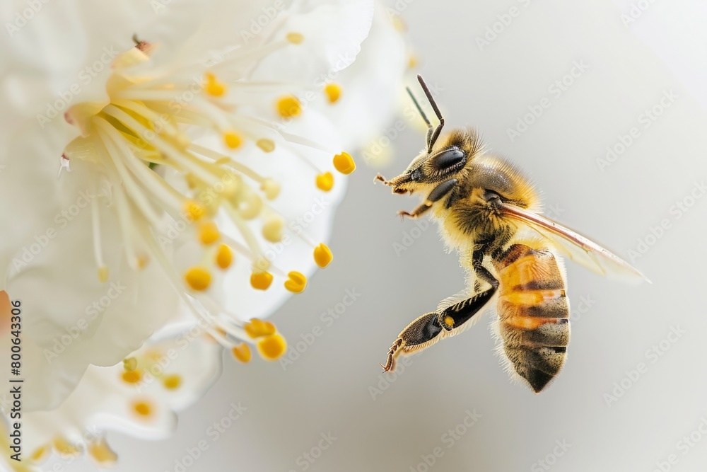 Poster a close-up shot capturing the delicate moment a honeybee gathers pollen from a blooming white flower