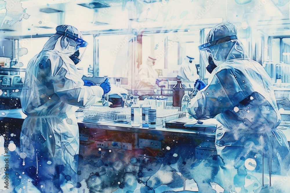 Poster two people in protective gear working in a laboratory. suitable for science and research concepts