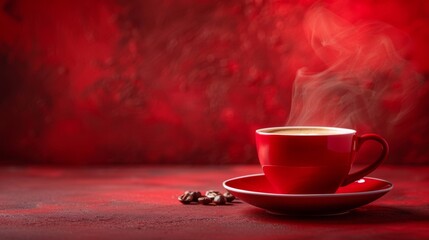 A red cup of coffee with steam coming out on a table, AI