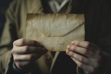 A person's hands are seen holding an old, tattered envelope with a visible cursive handwriting,...