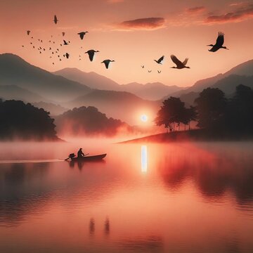 A beautiful natural scene with boat at sunset