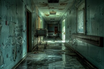 A haunting hallway in an abandoned hospital showing signs of decay and vandalism
