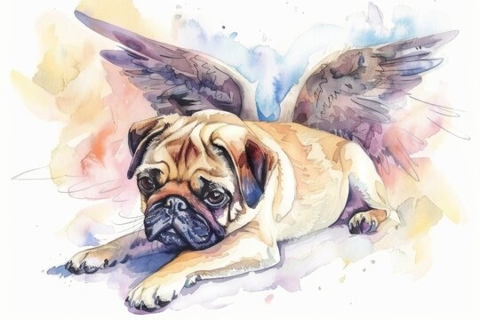 A whimsical painting of a pug dog with wings. Suitable for children's books or fantasy-themed projects