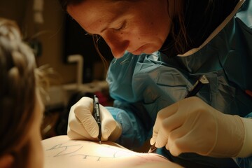 Detailed focus on a tattoo artist's hand inking a design on a client's skin