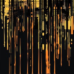 abstract vertical pattern with broken glitched lines of various thickness with dripping gold on a black background 

