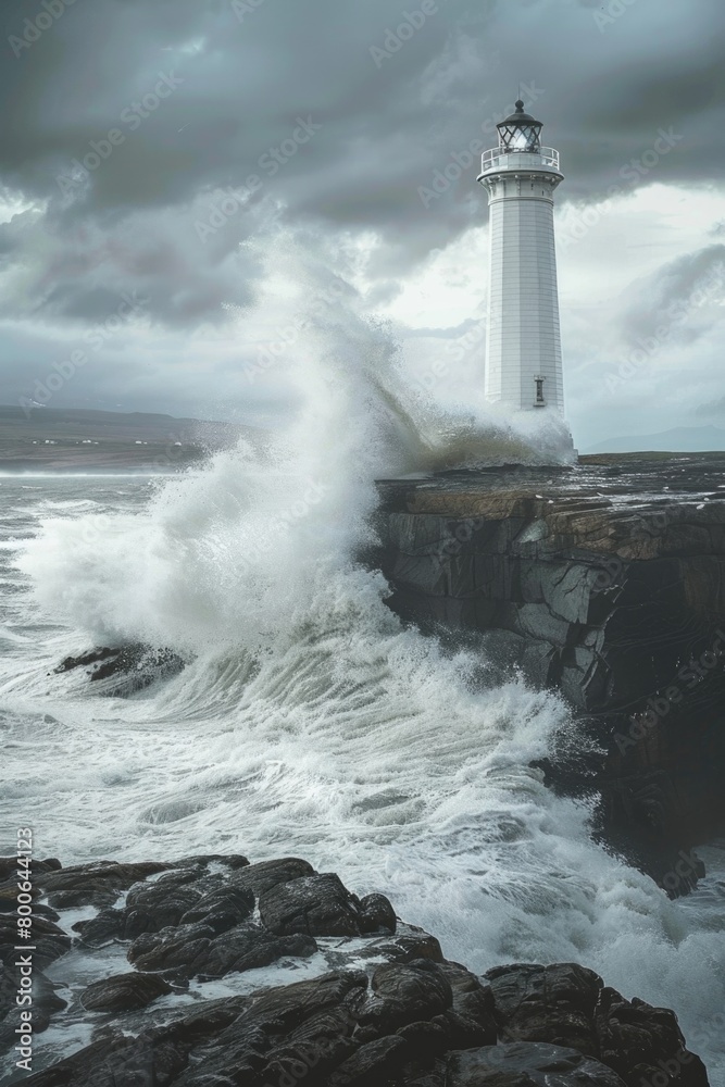 Poster A lighthouse standing strong against crashing waves. Ideal for coastal themes