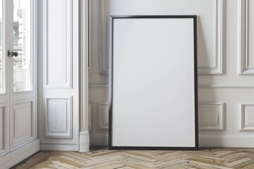 interior house with a large blank poster frame and a black border leaning against a white wall, light and classic design