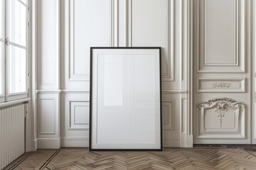 interior house with a large blank poster frame and a black border leaning against a white wall, light and classic design