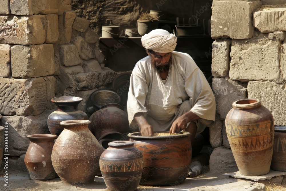 Poster amidst a backdrop of classic urns and pots, a meticulous potter shapes a large vessel using age-old 