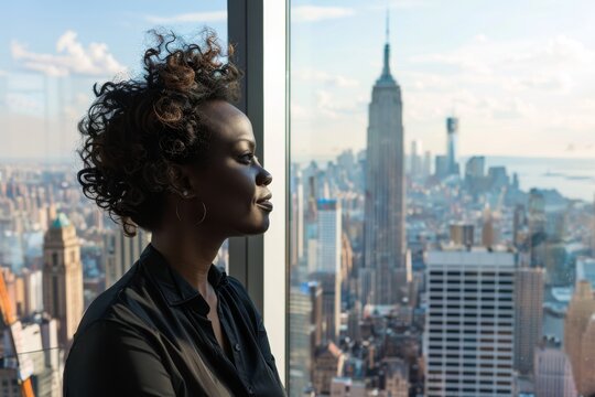 Fototapeta A professional businesswoman is seen with an obscured face against the backdrop of the iconic New York City skyline