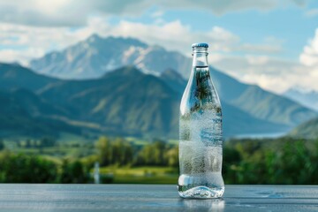 A bottle of water on a rustic wooden table. Suitable for hydration or refreshment concept