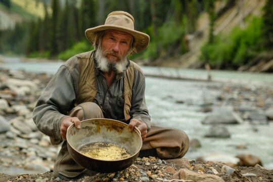 An elderly prospector pans for gold in a river, evoking the historic gold rush era with a rugged and determined expression