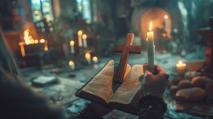 person holding a cross and a book in an intimate moment of spiritual reflection.
