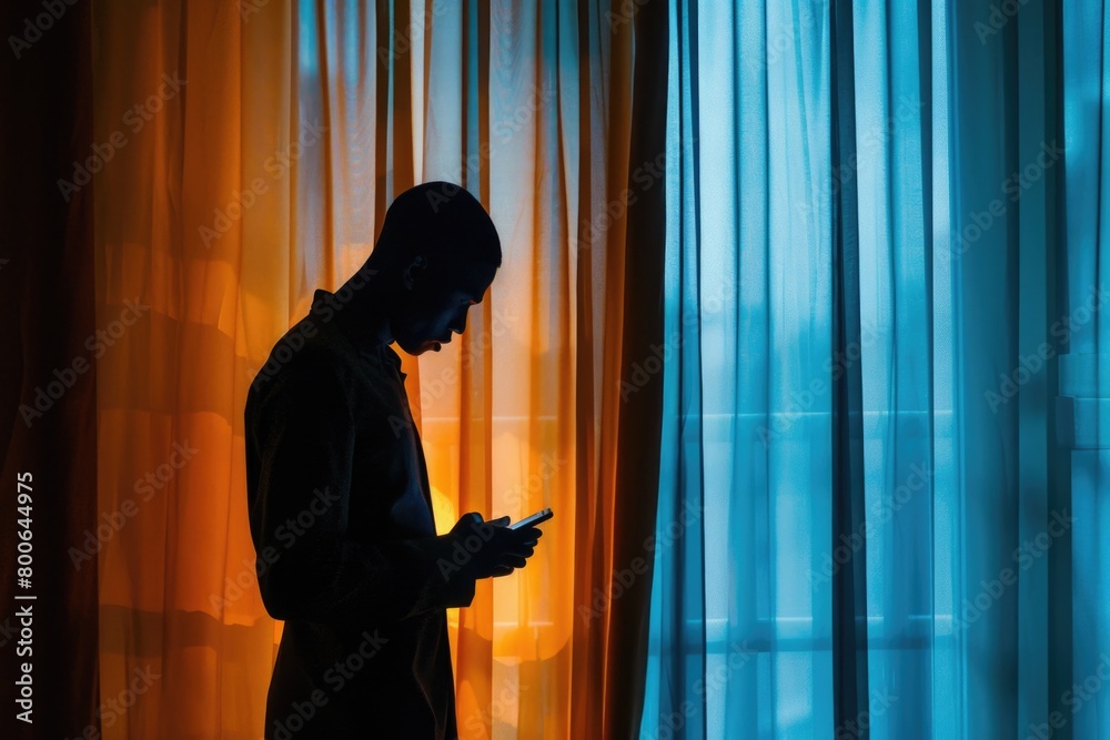 Aufkleber A man standing in front of a window looking at his cell phone. Ideal for technology and communication concepts