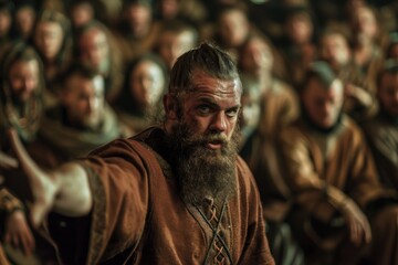 Naklejka premium A bearded man in historical costume points intensely, surrounded by similarly clad figures