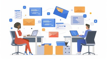 Business Professionals Working at Desks With Digital Communication Icons