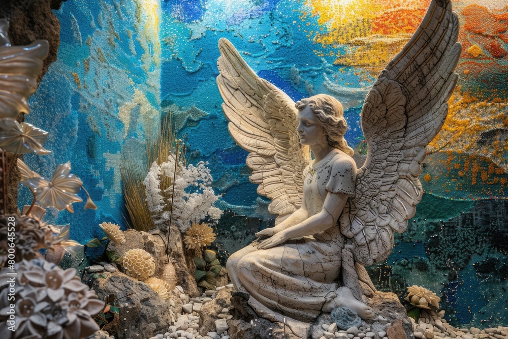 Poster a statue of an angel sitting on a rock. suitable for various design projects