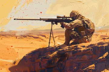 Fototapeta premium A soldier with a machine gun standing on a desert landscape. Suitable for military or war-related concepts