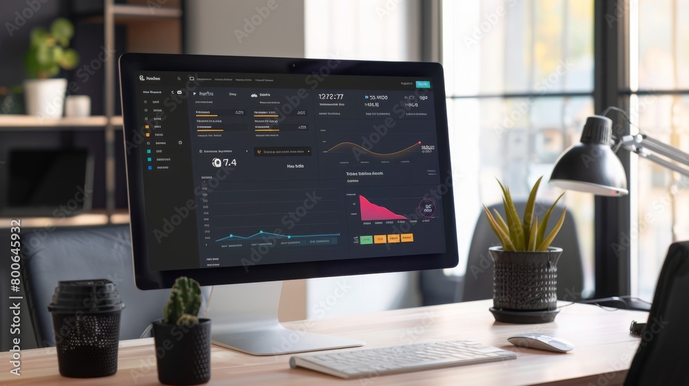 Poster modern office desk with computer displaying analytics