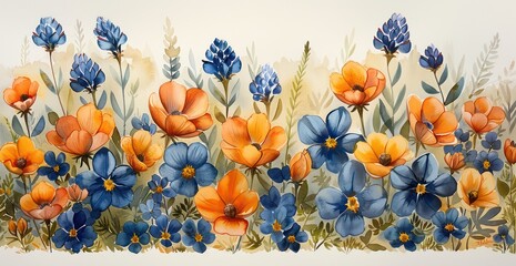 illustrated watercolor bluebonnets and other texas wildflowers on a white background
