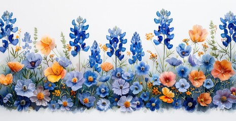 illustrated watercolor bluebonnets and other texas wildflowers on a white background
