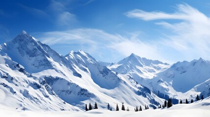 Panoramic view of snowy mountains under blue sky with white clouds