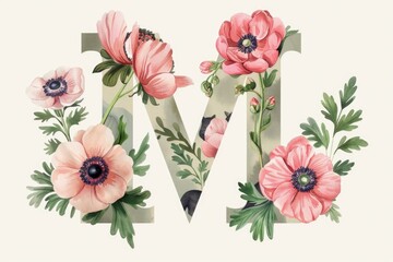 Watercolor flowers decorating the letter M, perfect for design projects