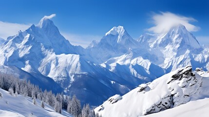 Panoramic view of the snow-covered mountains in the Swiss Alps