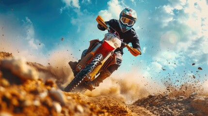 A person riding a dirt bike on a dirt track. Suitable for sports and adventure concepts