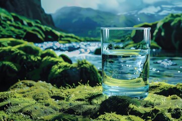 Clear glass of water sitting on a moss covered rock, suitable for nature and refreshment concepts