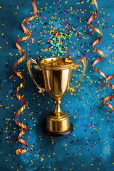 A golden trophy surrounded by colorful confetti and streamers. Perfect for celebrating success and achievements