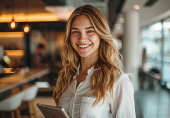 portrait of a beautiful business woman with a tablet in hand smiling standing near a desk at the office.