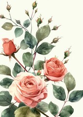 illustrated watercolor rose buds and eucalyptus on a white background
