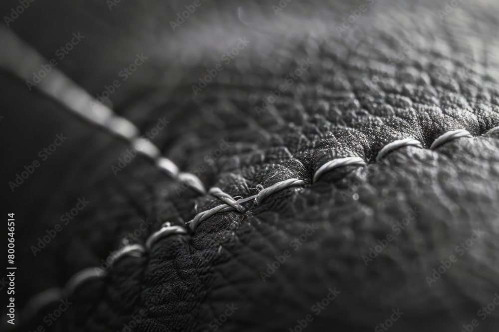 Poster close-up of black and white stitched leather piece. versatile image for various design projects