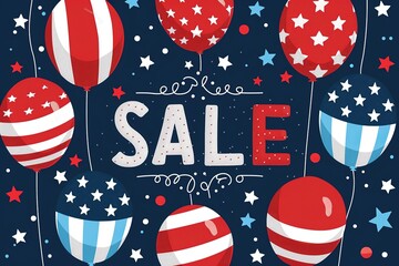 Fototapeta premium Patriotic Balloons and Sale Sign Celebrating Independence Day on the Fourth of July or Memorial Day