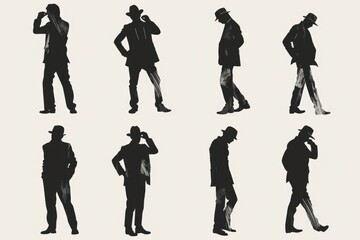 Collection of silhouettes of a man in a suit and hat. Versatile image for various projects