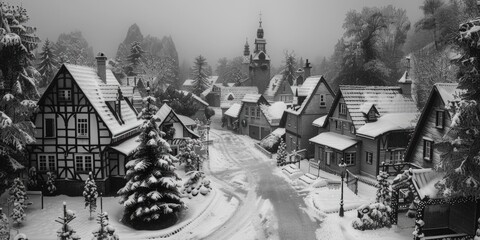 A black and white photo of a snowy town. Suitable for winter themes