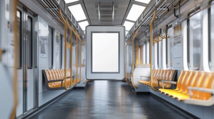 Blank mockup of a modern poster frame positioned above the seats of a light rail train. .