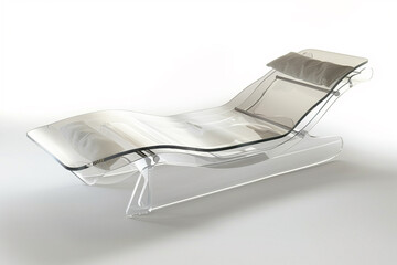 A chaise longue with a sleek metal frame and transparent acrylic accents, adding a touch of modernity, isolated on a solid white background.