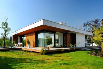 A contemporary house with outdoor deck and patio. Suitable for real estate or architectural designs