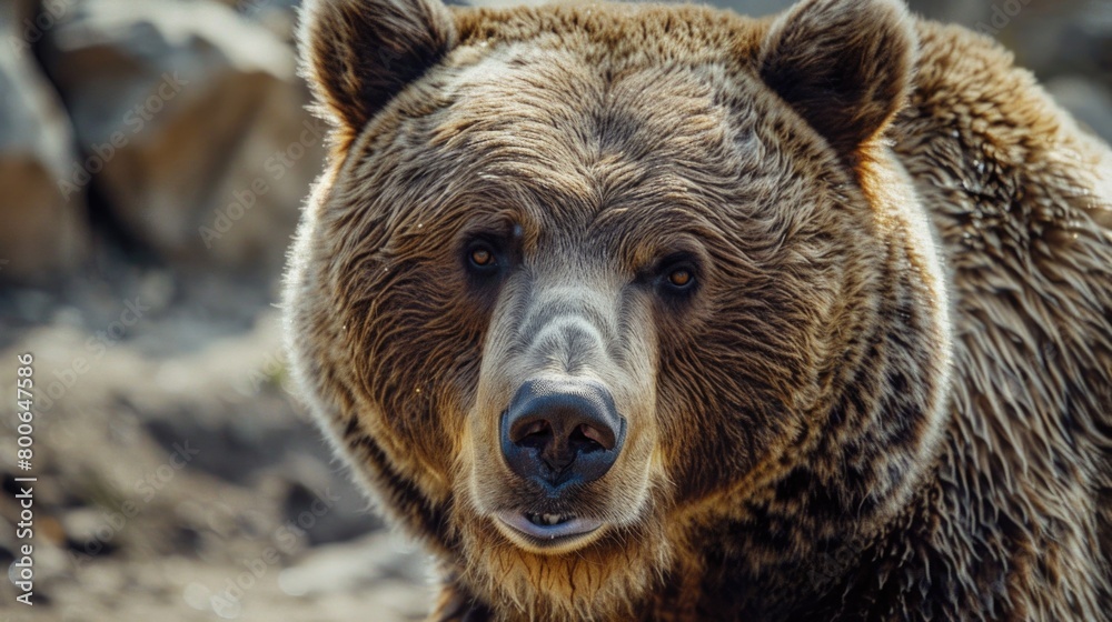 Sticker Close-up of a bear's face with rocks in the background. Suitable for wildlife and nature themes